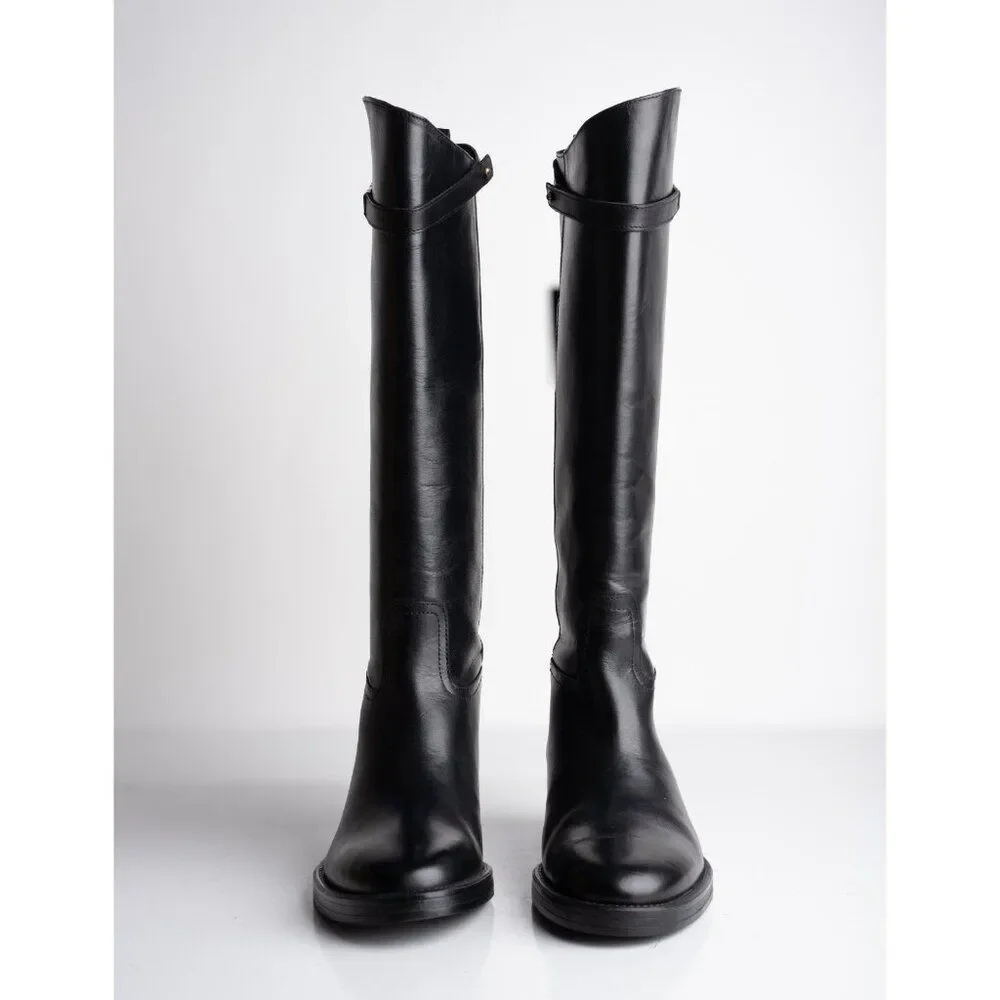 Massimo Dutti Womens Knee High Leather Riding Boots Black US 9 EU 40 NWD